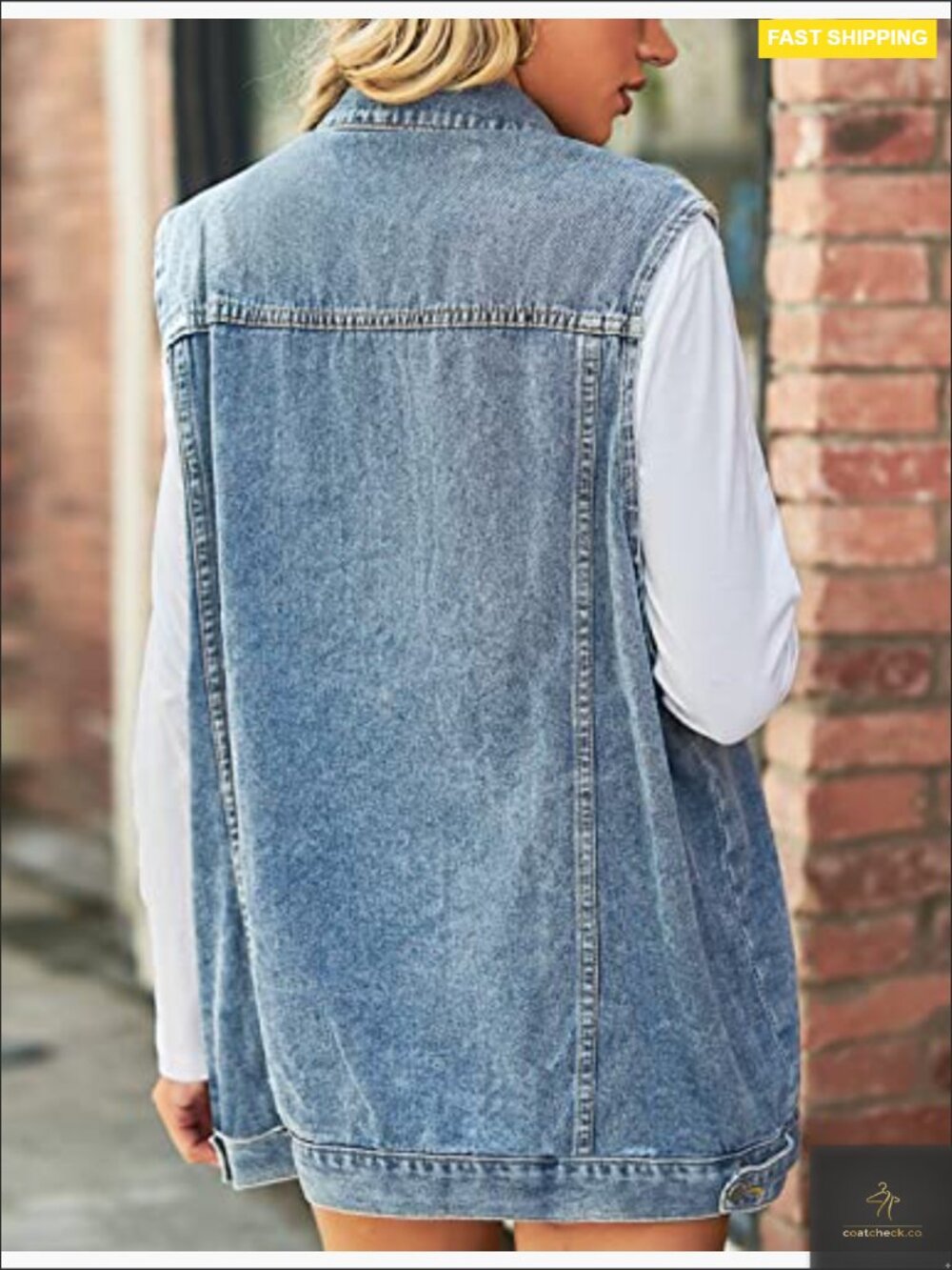 Oversized Mid Long Denim Vest Button Down Sleeveless Jean Waistcoat Classic - Picture 4 of 7